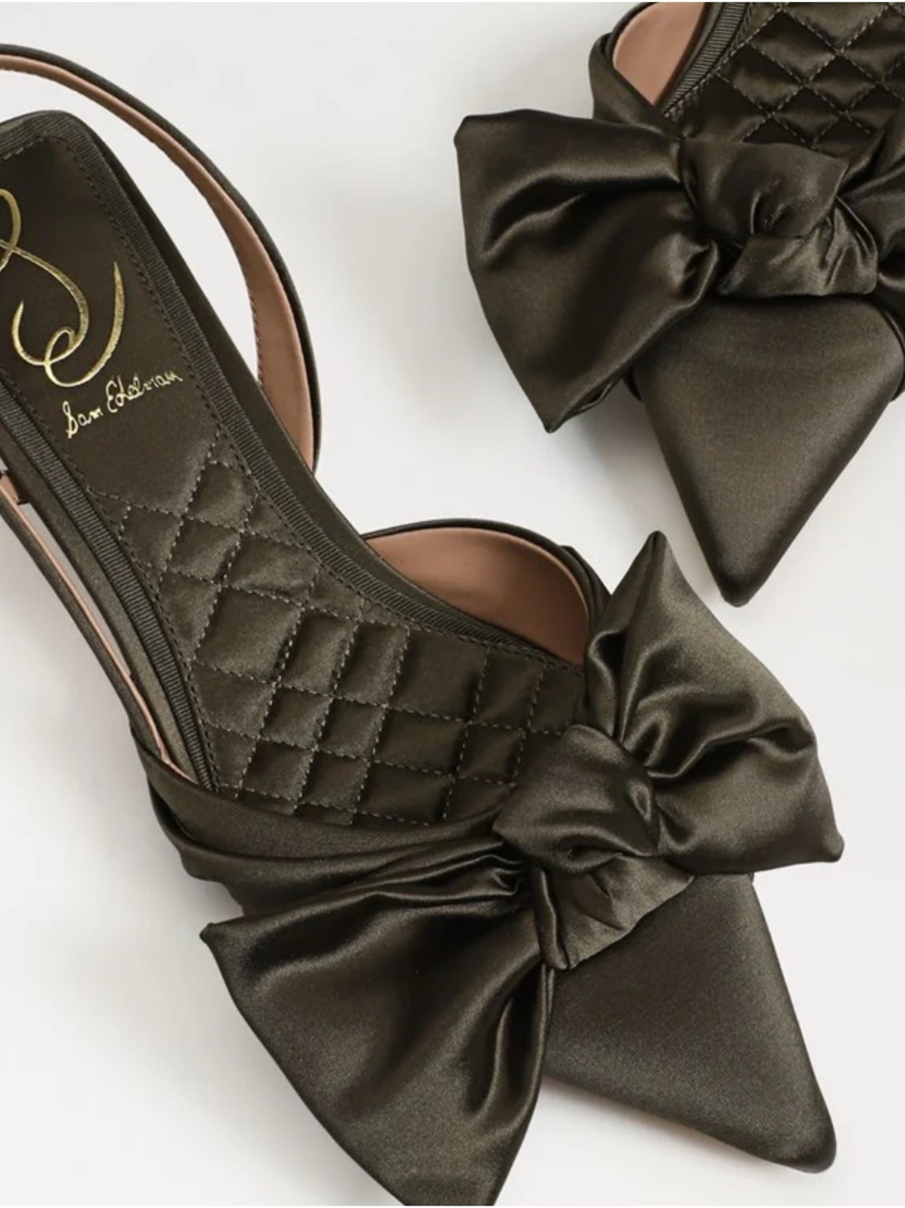 Sam Edelman Olive Satin Pointed Slingback Heels with Bow - Picture 2 of 11